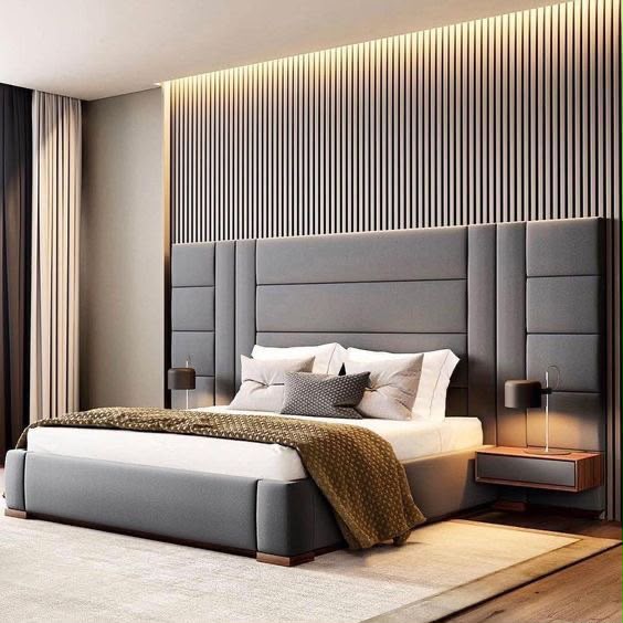 Oversized upholstered headboard with slatted feature wall