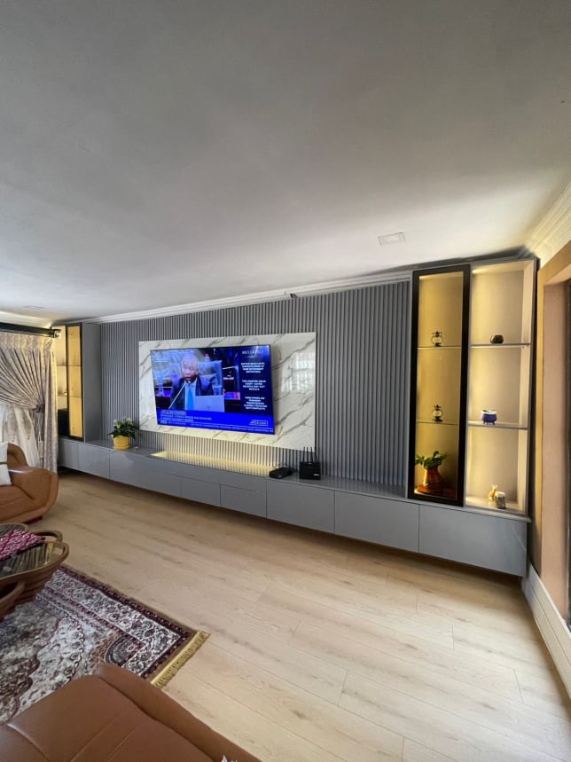Lounge TV unit with floating shelves and display cabinet